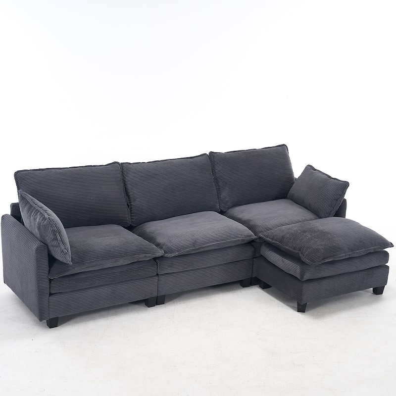 Comfy Corduroy Upholstered Deep Seat Couch L-shaped Sectional Sofa with Ottoman Chaise Lounge and 2 Lumbar Pillows