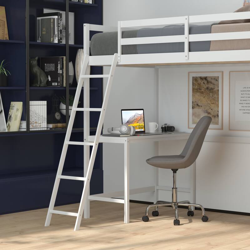 Traditional Wood Slat Loft Bed with Integrated Desk & Ladder