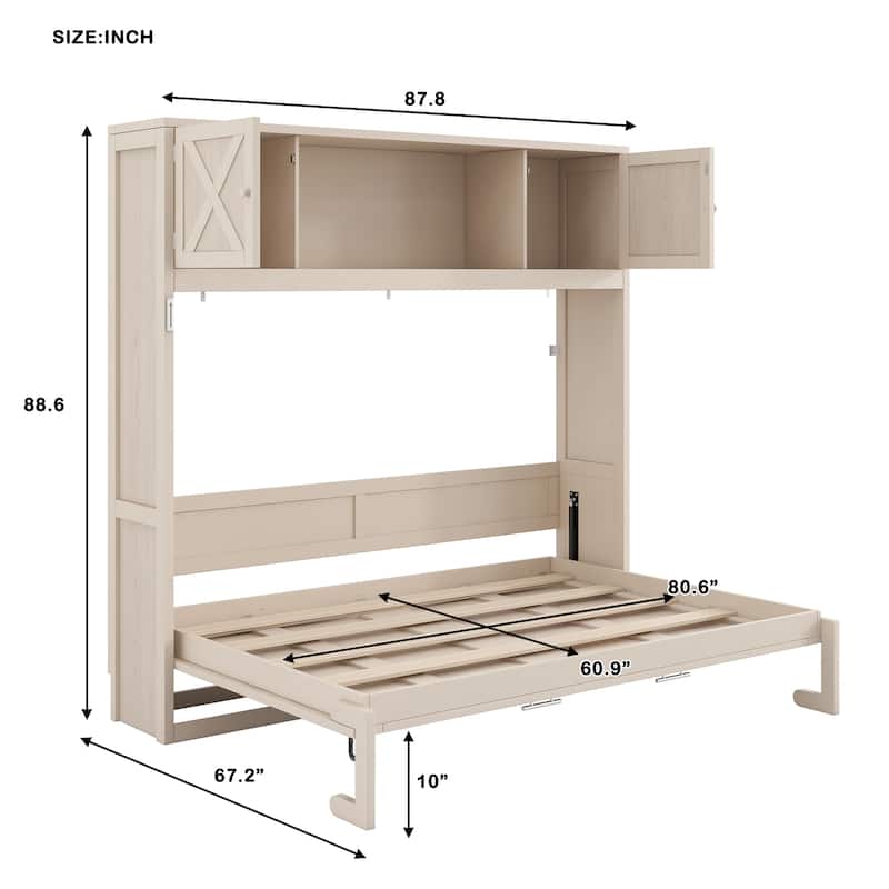 Murphy Bed Space Saving Cube Cabinet Bed with Top Storage Bookcase Cabinets, Foldable Platform Bed Frame