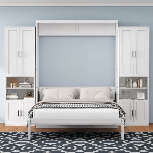 Queen/Full Size White Murphy bed with side cabinets and storage shelves ...