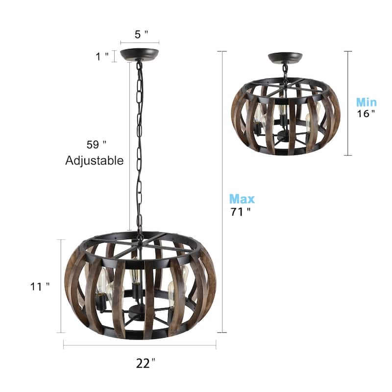 Anmytek 5-Light Modern Farmhouse Wood Chandeliers Drum Pendant Lights for Dining Room - 22" D x 11" H