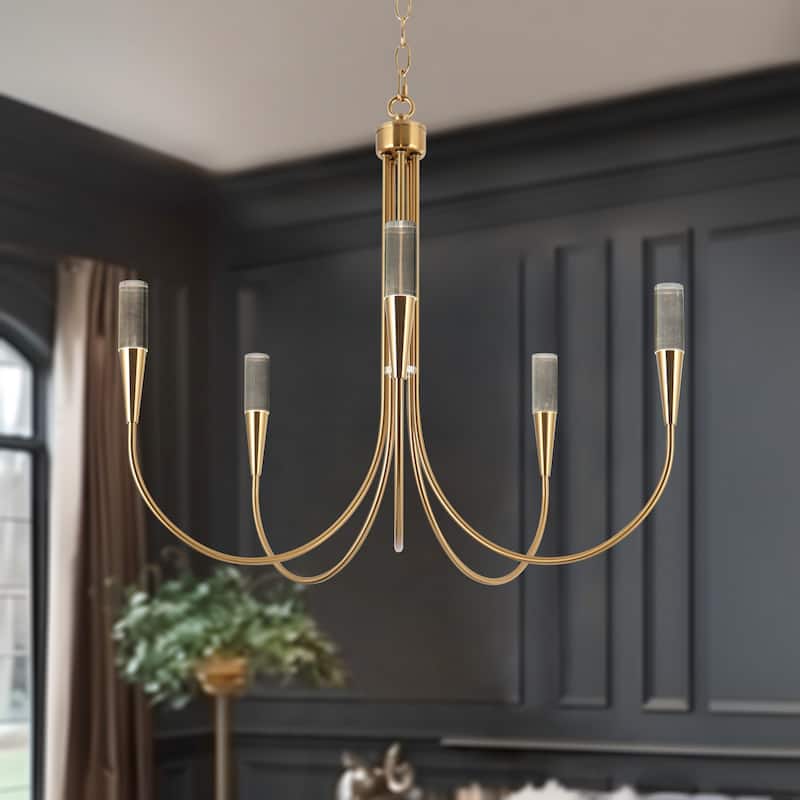 Modern Elegant 5-Light Gold LED Chandelier Dimmable Pendant Light Height Adjustable for Dining Room - 24" D x 22.5" H
