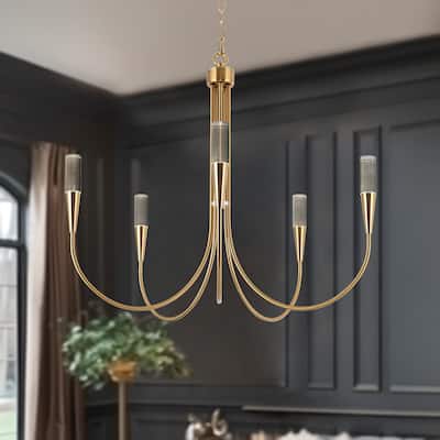 Modern Elegant 5-Light Gold LED Chandelier Dimmable Pendant Light Height Adjustable for Dining Room - 24" D x 22.5" H