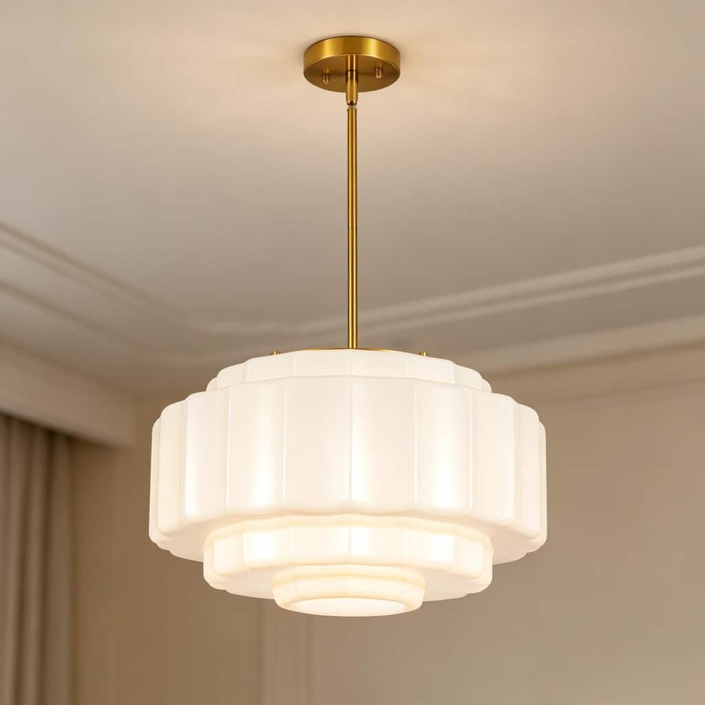 Rennnsan 3-Light Mid-Century Modern Brass Tiered Milk Glass Pendant for Dining Room - 15.7 in. W x 7.1 in. H