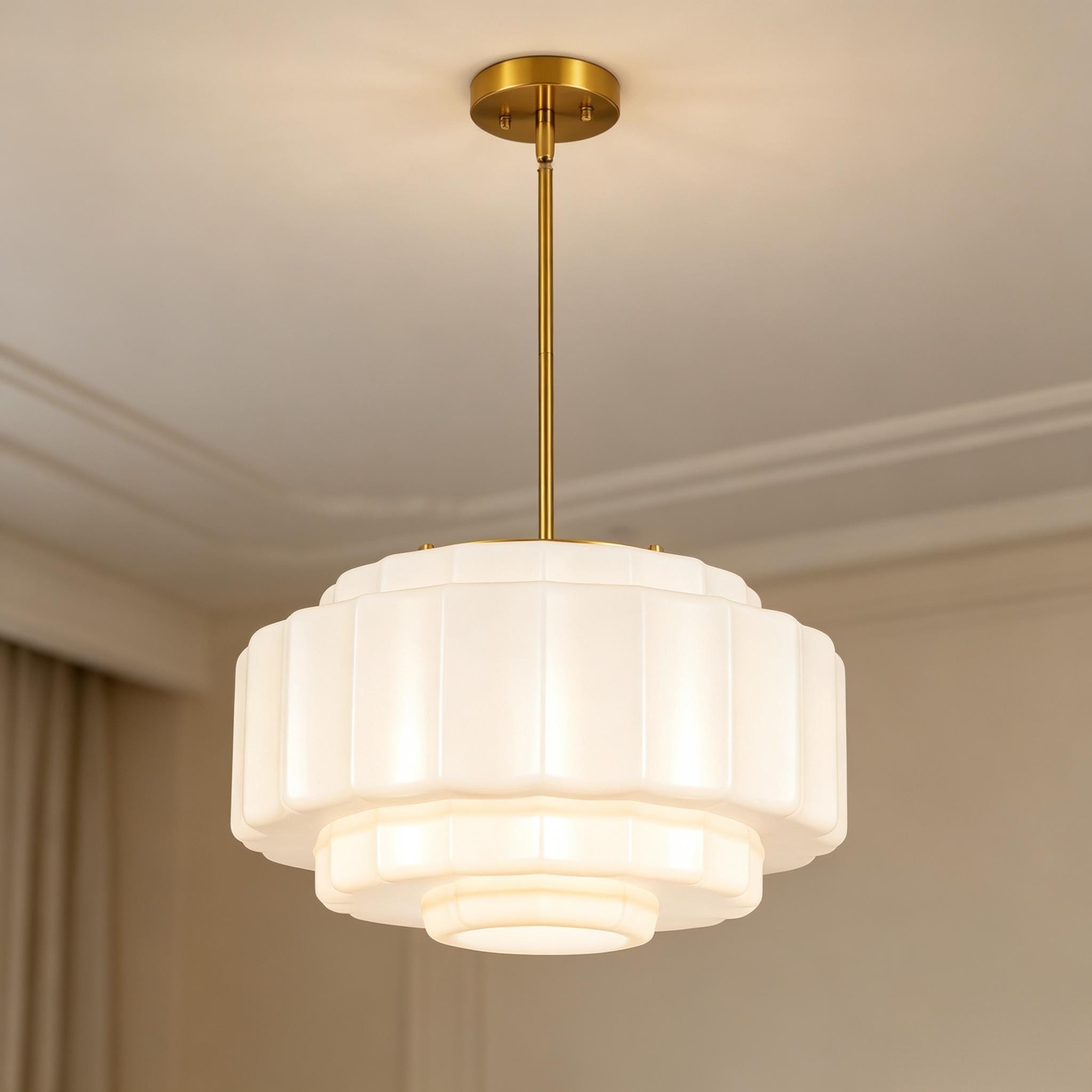 Rennnsan 3-Light Mid-Century Modern Brass Tiered Milk Glass Pendant for Dining Room - 15.7 in. W x 7.1 in. H