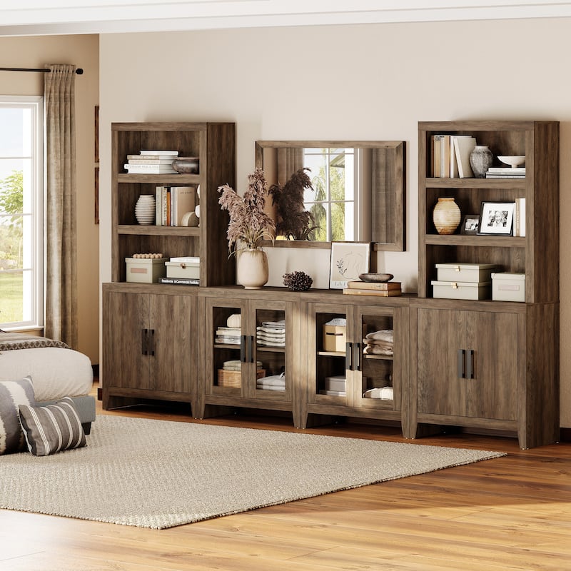 WAMPAT Large Entertainment Center with Bookshelves, Farmhouse TV Stand with Storage Cabinets & Glass Doors