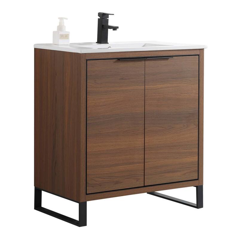 Fine Fixtures Opulence Collection Bathroom Vanity with White Ceramic Sink - 30 Inch - Walnut Ebony - Black Hardware