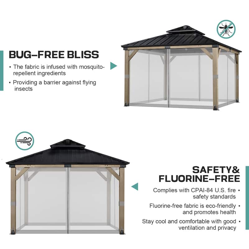 Aoodor 12'x12' Replacement Gazebo Mosquito Netting 4-Panel Sidewalls