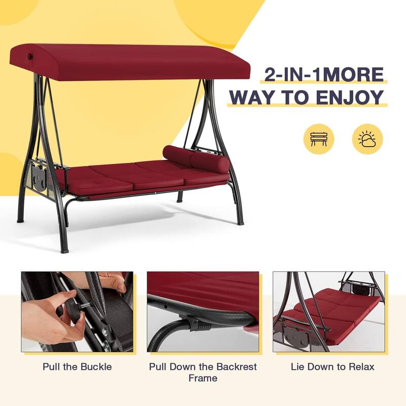Outdoor 3-Seat Porch Swing with Adjustable Canopy & Cup Holder,Porch Swing Glider Chair, Heavy-Duty Steel Frame