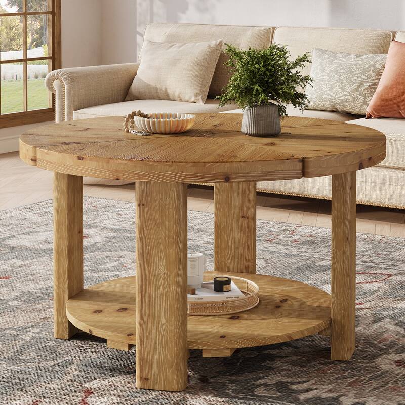2-Tier Round Coffee Table, 31.5" Farmhouse Solid Wood Coffee Table - Brown