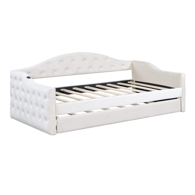 Twin Size Upholstered Daybed with Pop Up Trundle,Velvet Tufted Headboard with Charging Station