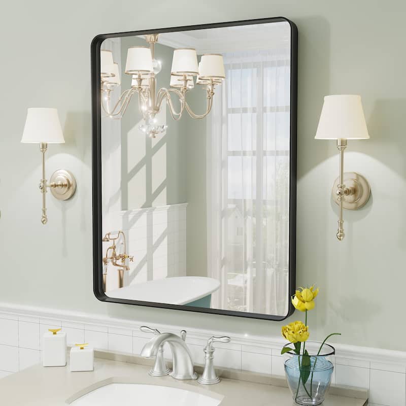 Aluminum Alloy Framed French Cleat Mounted Tempered Glass Wall Vanity Mirror - 30" x 24" - Black