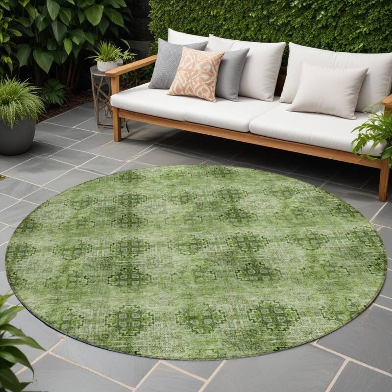 Almoro Graceful Floral Weather Resistant Timeless Fusion Runner Outdoor Rug - 8' X 8' - Green