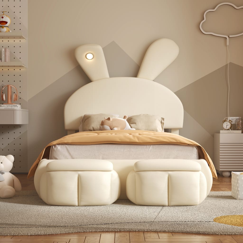 Twin Size Upholstered Platform Bed with Cartoon Ears Shaped Headboard and Light