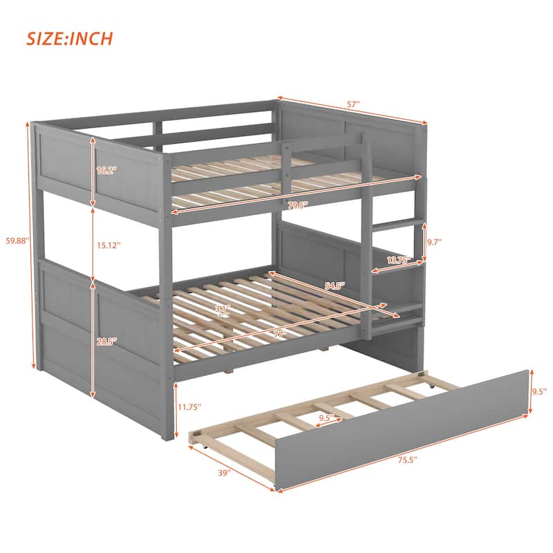 Full Over Full Bunk Bed with Twin Size Trundle, Gray