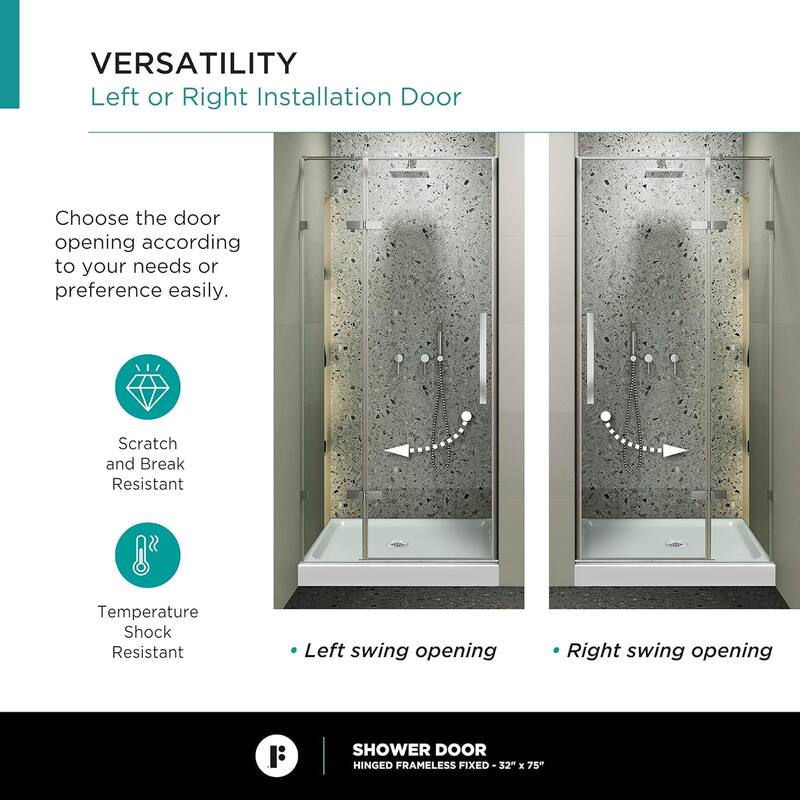 Frameless Clear Tempered Shower Glass Door with Shower Base Kit