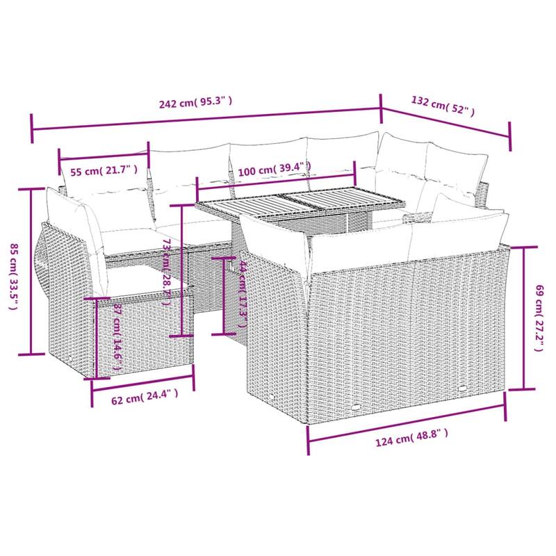 vidaXL Patio Sofa Set with Cushions Outdoor Furniture 9 Piece Poly Rattan - 24.4 x 24.4 x 27.2