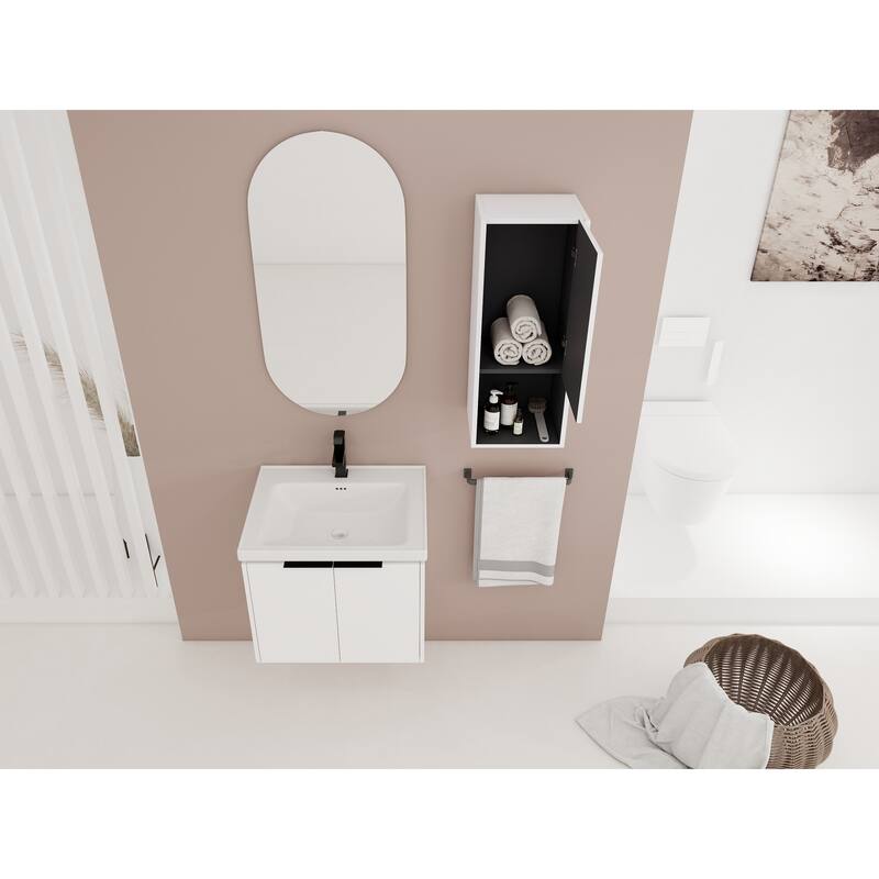 24" Wall-Mounted Bathroom Vanity with Ceramic Sink and Soft-Close Doors, Side Cabinet for Extra Storage
