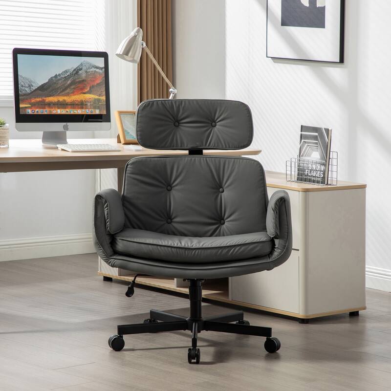 Criss Cross Chair with Adjustable Armrests Wheels Headrest, PU Lounge Vanity Desk Chair with Wide Seat, Swivel Office Chairs