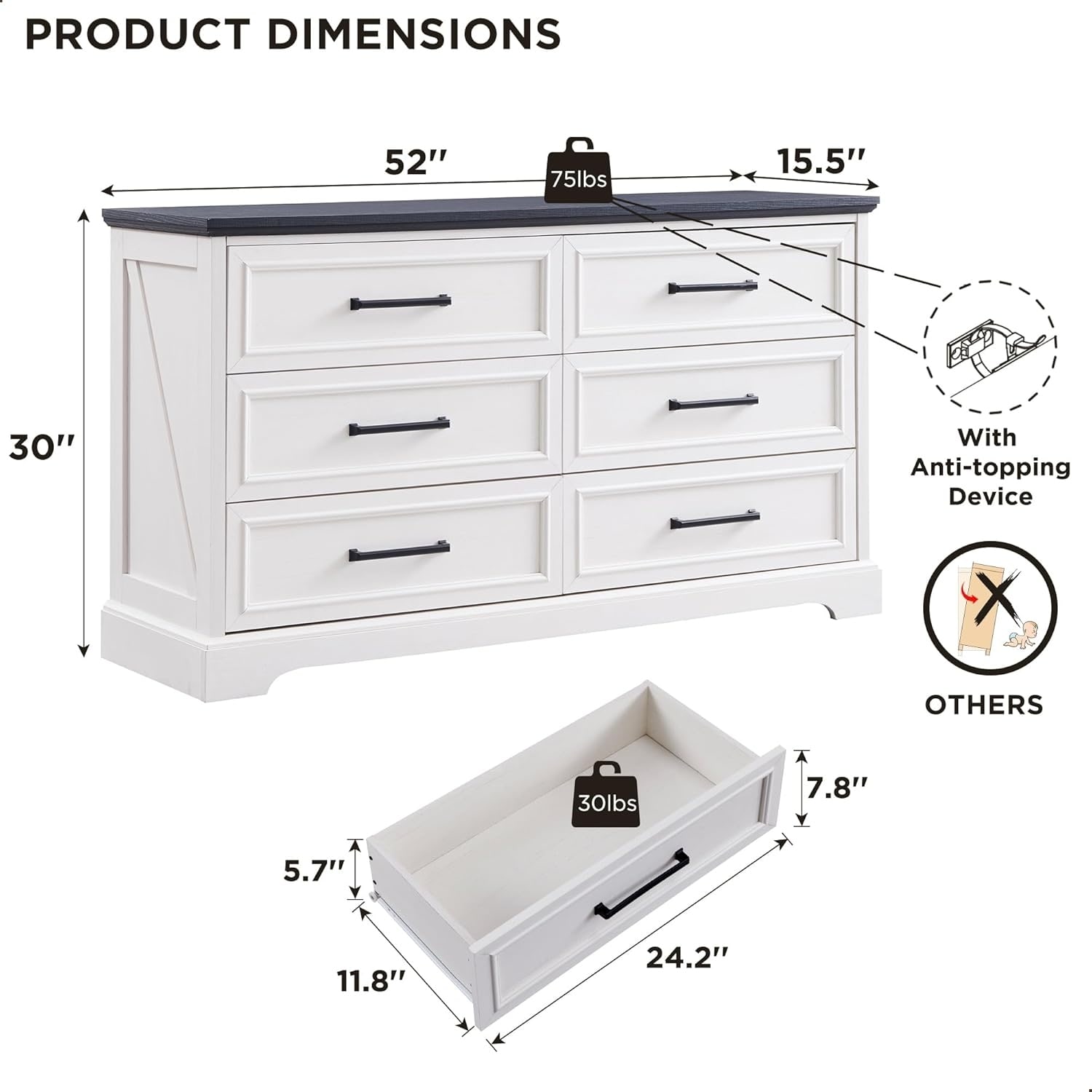 Farmhouse 6 Drawer Dresser for Bedroom, Chest of Drawers, TV Stand