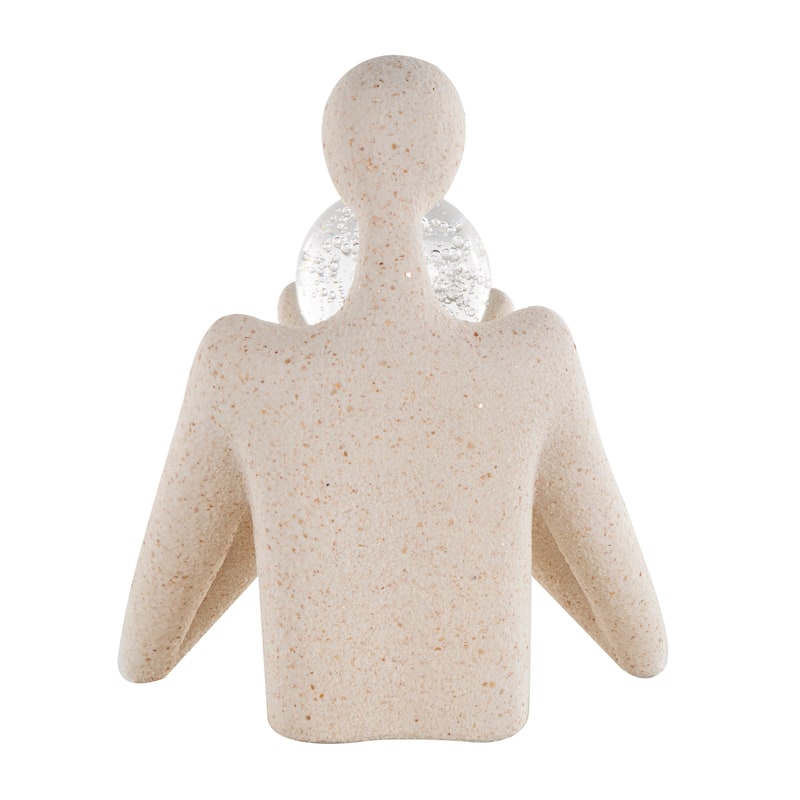 Cream Polystone Abstract Textured People Decorative Sculpture with Clear Glass Ball and Gold Speckles