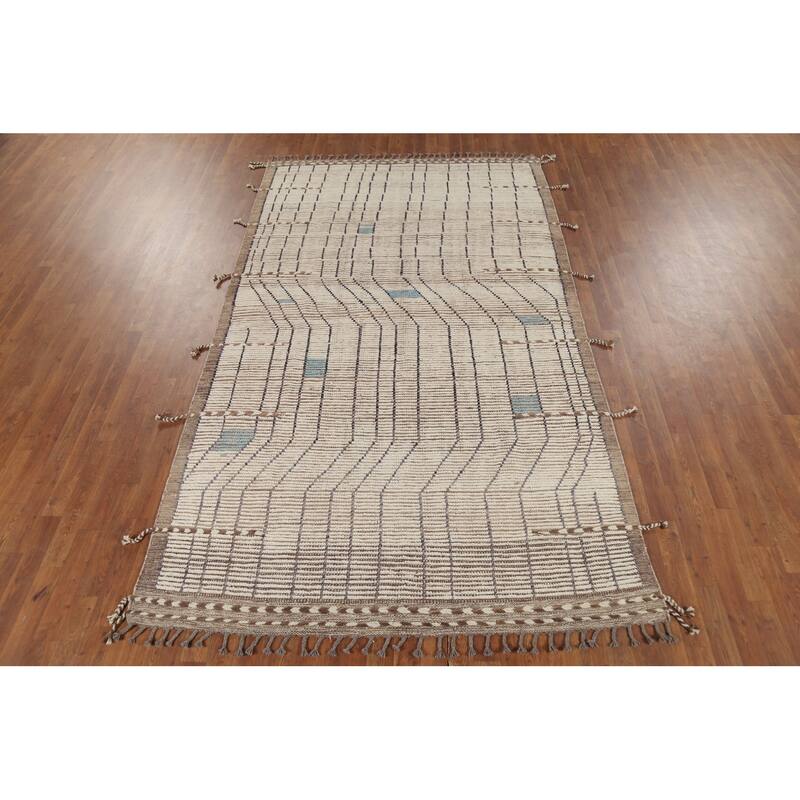 Beige Moroccan Striped Rug Hand-Knotted Wool Carpet - 5'8"x 9'11"