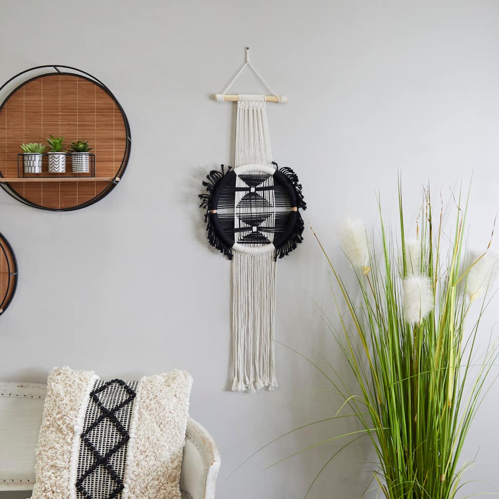 Black Cotton Fabric Handmade Intricately Weaved Macrame Wall Decor with Fringe Tassels