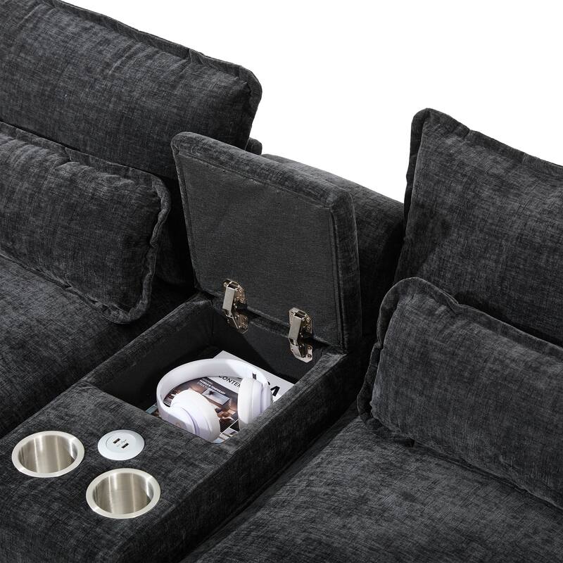 123" Chenille U-Shaped Sectional Sofa with Console & USB Charger