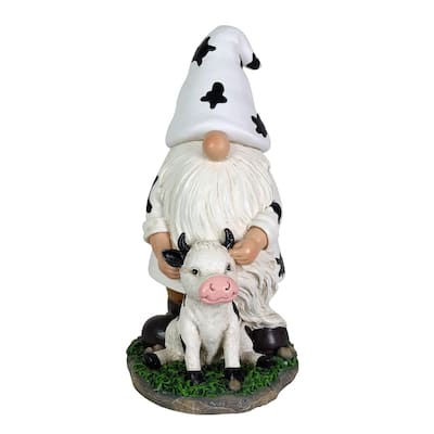 Exhart Solar Gnome with Cow Print Hat and Calf Statue, 6.5 by 10 Inches