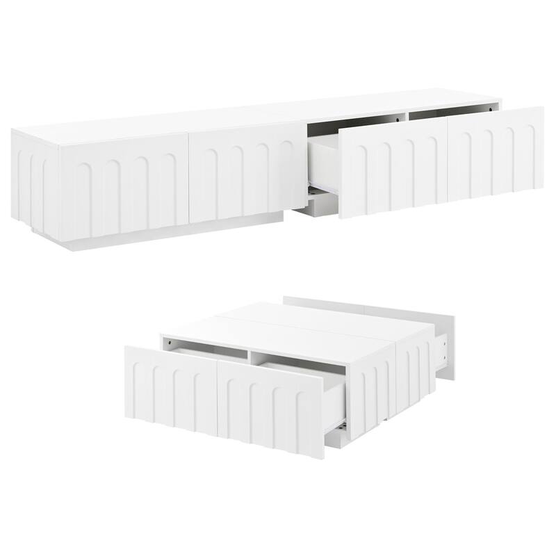 Elegant TV Stand and Coffee Table Set of 2 with Arched Design, for TVs Up to 80", White - 70.8" W × 15.7" D × 13.7" H