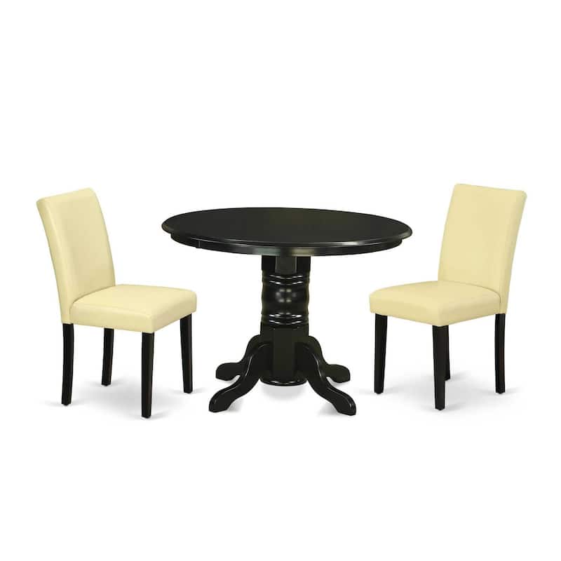 Round Dining Table Set 3pc 42 Inch Table w/ 2 Parsons Chairs - Eggnog PU Leather & Black Legs