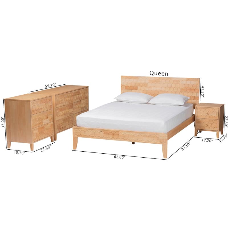 Hosea Japandi Carved Honeycomb Natural 4-Piece/5-Piece Bedroom Set (Multiple Bed Sizes)