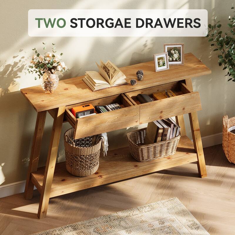 2-Tier Solid Wood Entryway Table with 2 Drawers