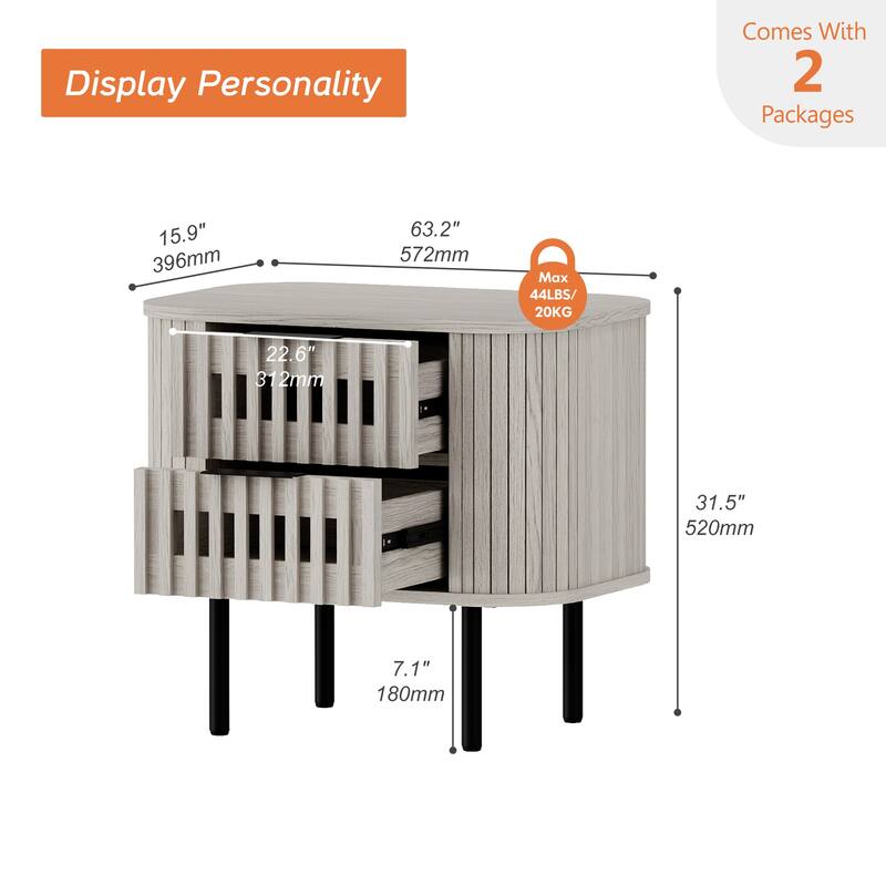 WAMPAT Fluted Nightstand with 2 Drawers,Wood End Table for Bedroom, Living Room
