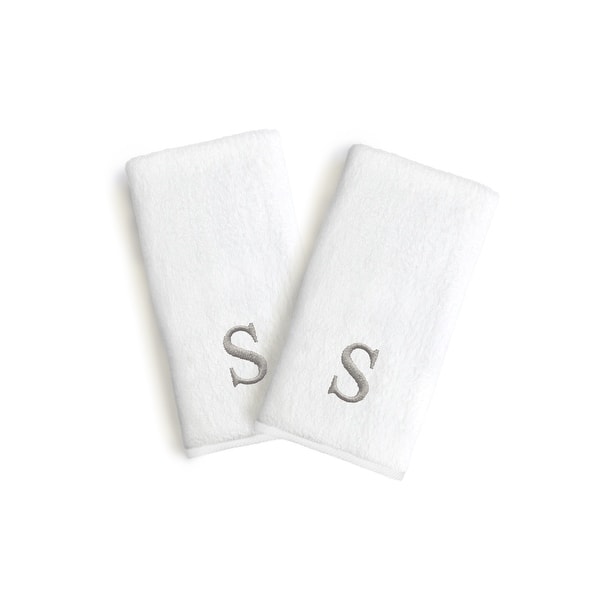Authentic Hotel and Spa 2-piece White Turkish Cotton Hand Towels with Grey Block Monogrammed Initial - White/S