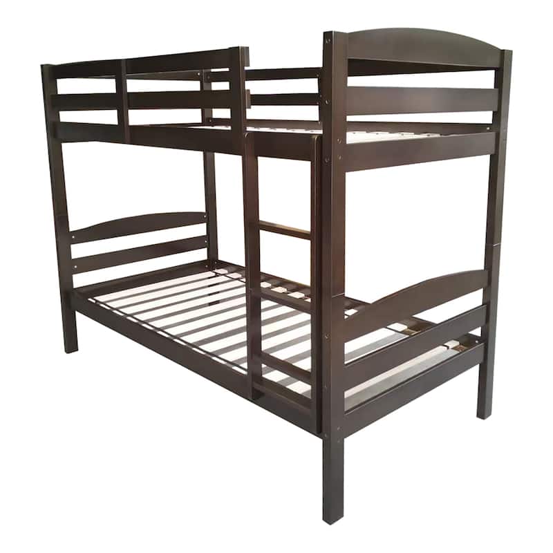 Modern Espresso Solid Wood Twin Over Twin Bunk Bed with Ladder