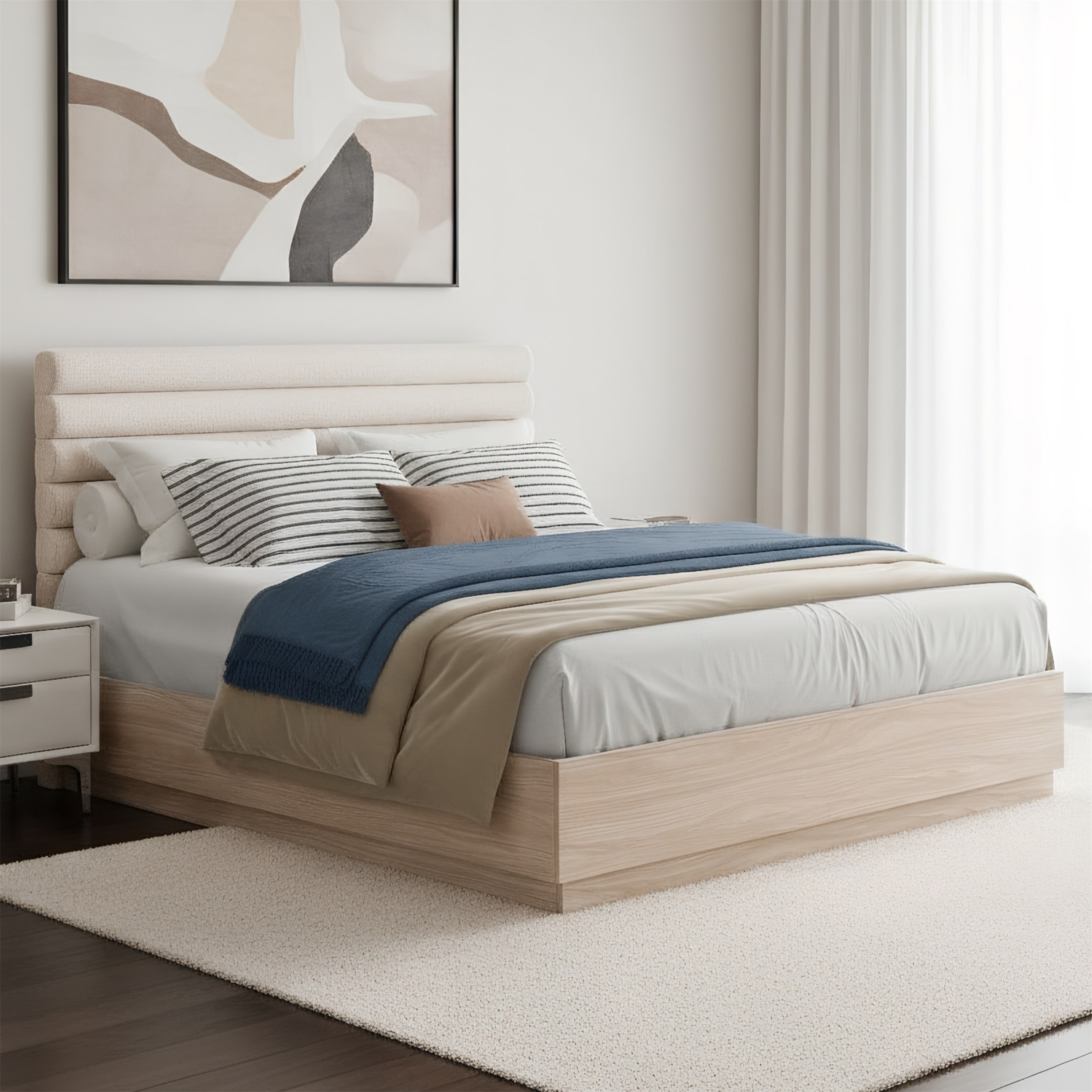 Queen Platform Bed Frame with Taupe Fabric Headboard, 800lb Capacity