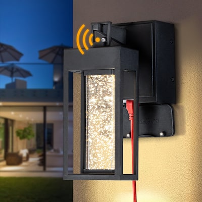 Modern LED Outdoor Black Dusk to Dawn Sensor Wall Lantern Sconce with Seeded Glass and built-in GFCI Outlets