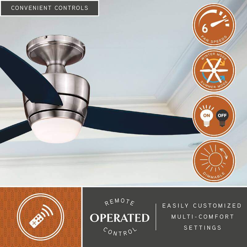 Adrian 44 In. Quiet Satin Nickel Flush Ceiling Fan with LED Light Kit and Remote - 44-in W x 13-in H x 44-in D