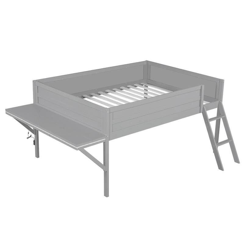 Low Loft Bed with Integrated Desk and LED Lights, Wood Gaming Loft Bed Frame with Angled Ladder, for Kids Girls Boys