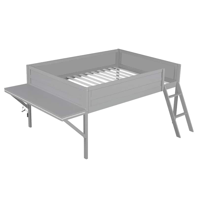 Wood Full Size Loft Bed with Desk and LED, Wooden Loft Bed Frame with Angled Ladder, No Box Spring Needed for Kids