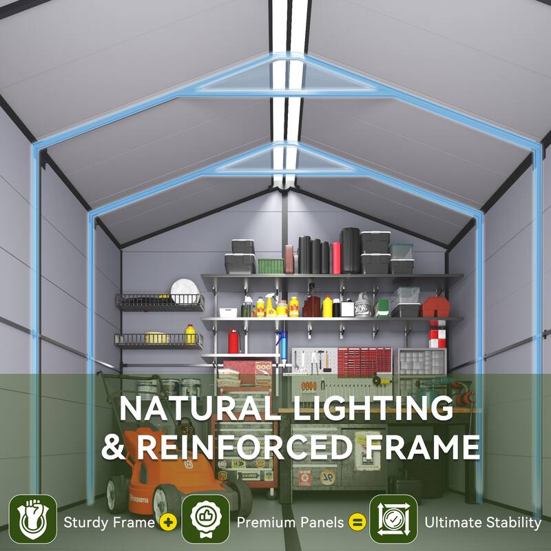 EROMMY Outdoor Storage Shed with Built-In Floor, Lockable Double Doors & Sloped Roof, Gray/Black