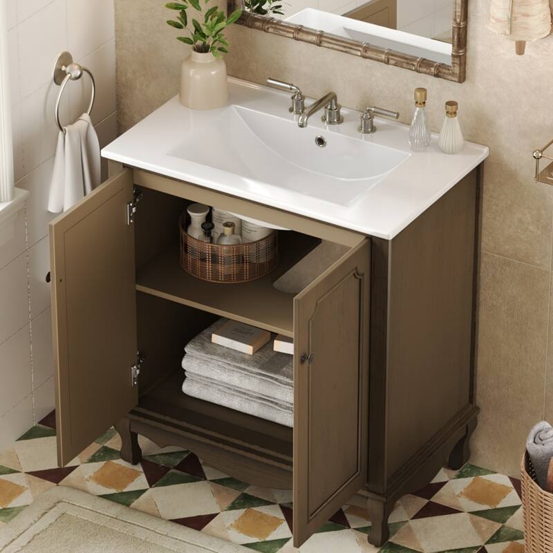 30" Vintage Bathroom Vanity with Ceramic Sink, Bathroom Vanity Cabinet with Antique Pulls, Bathroom Storage Cabinet
