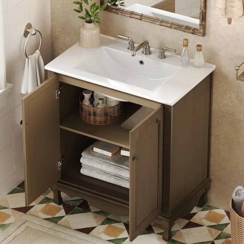 Christopher Knight Home - 30" Vintage Bathroom Vanity with Ceramic Sink & Adjustable Storage Shelves