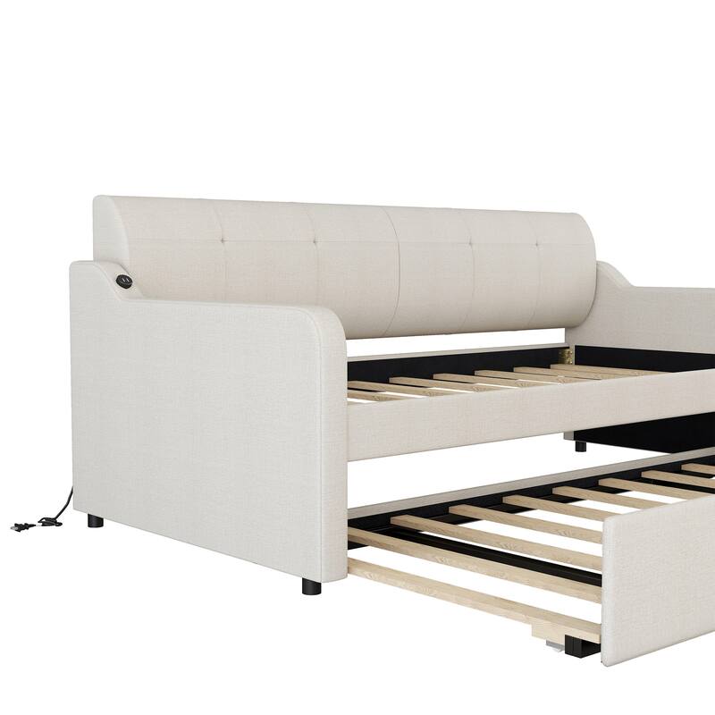 Twin Size Upholstered Daybed with Trundle and USB Charging, Beige