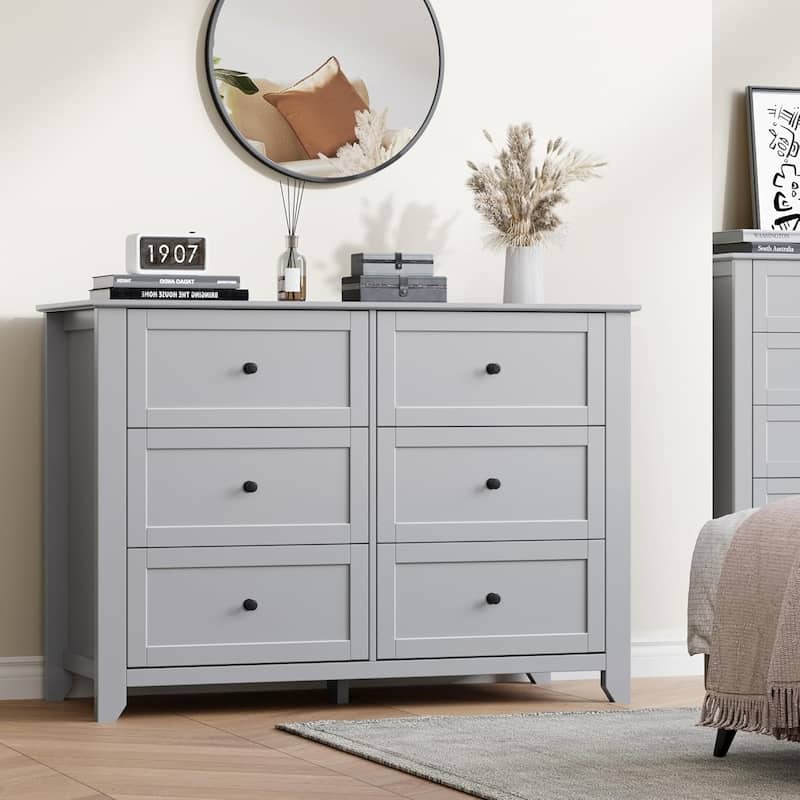 6 Drawer Dresser for Bedroom, Wooden Chest with Deep Drawers and Metal Knobs for Entryway, Hallway, or Kids Room - Grey