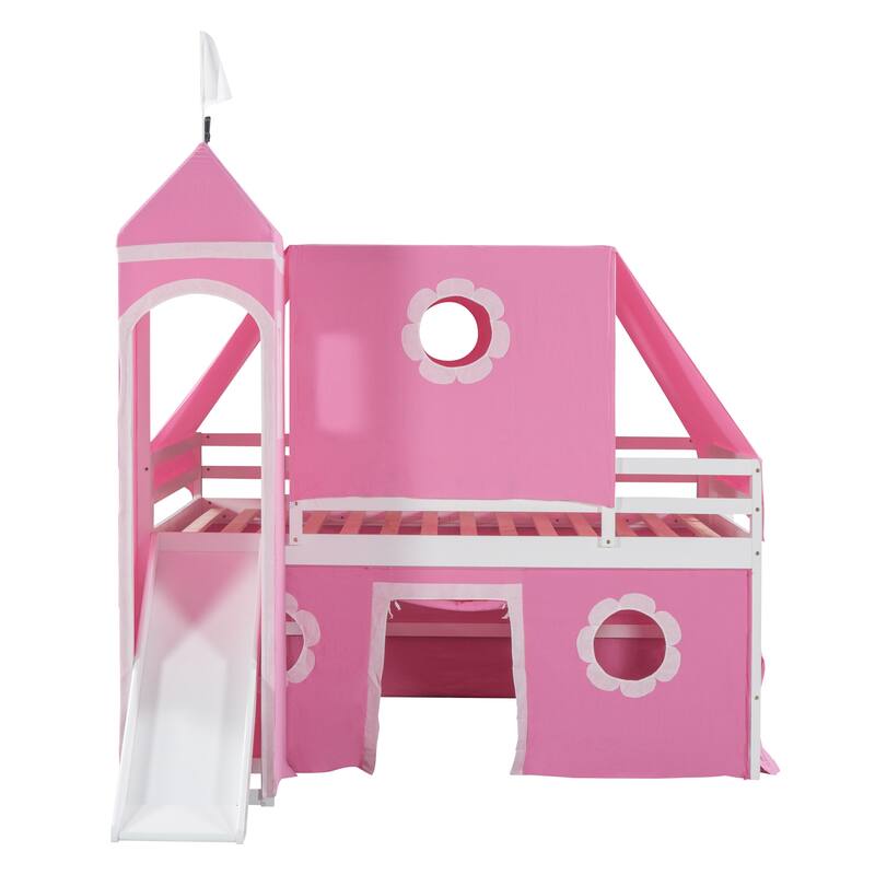 Castle Frame Bed Wood Loft Bed Loft Bed Convertible To Mini Playground with Pink Tent and Tower, Child Bed Tent