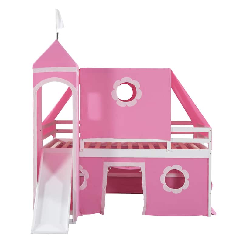 Pink Pine Wood Castle-Inspired Bunk Bed with Slide and Ladder, Tent