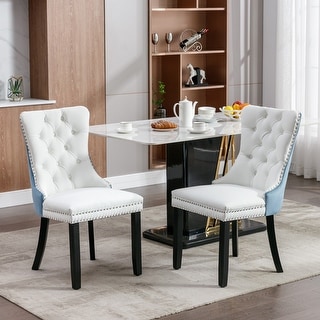 Set of 2 PU and Velvet Tufted Upholstered Dining Chair with Wood Legs ...