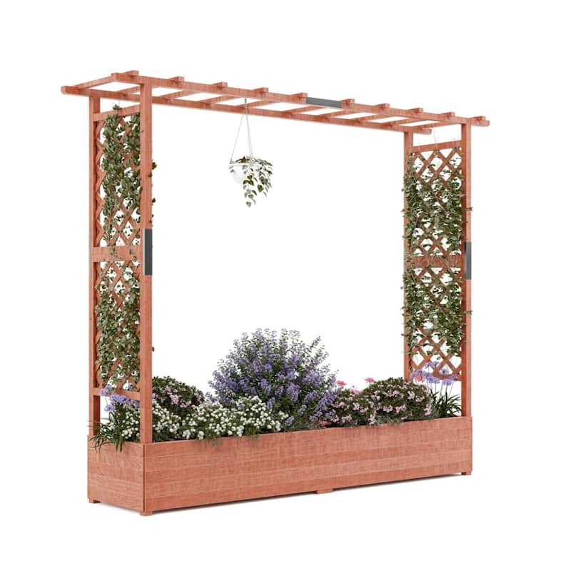 43x17x72Inch Elevated Wooden Garden Bed with Trellis and Hanging Roof Wood Planter Box 4 Drainage Holes - 196*44*182cm